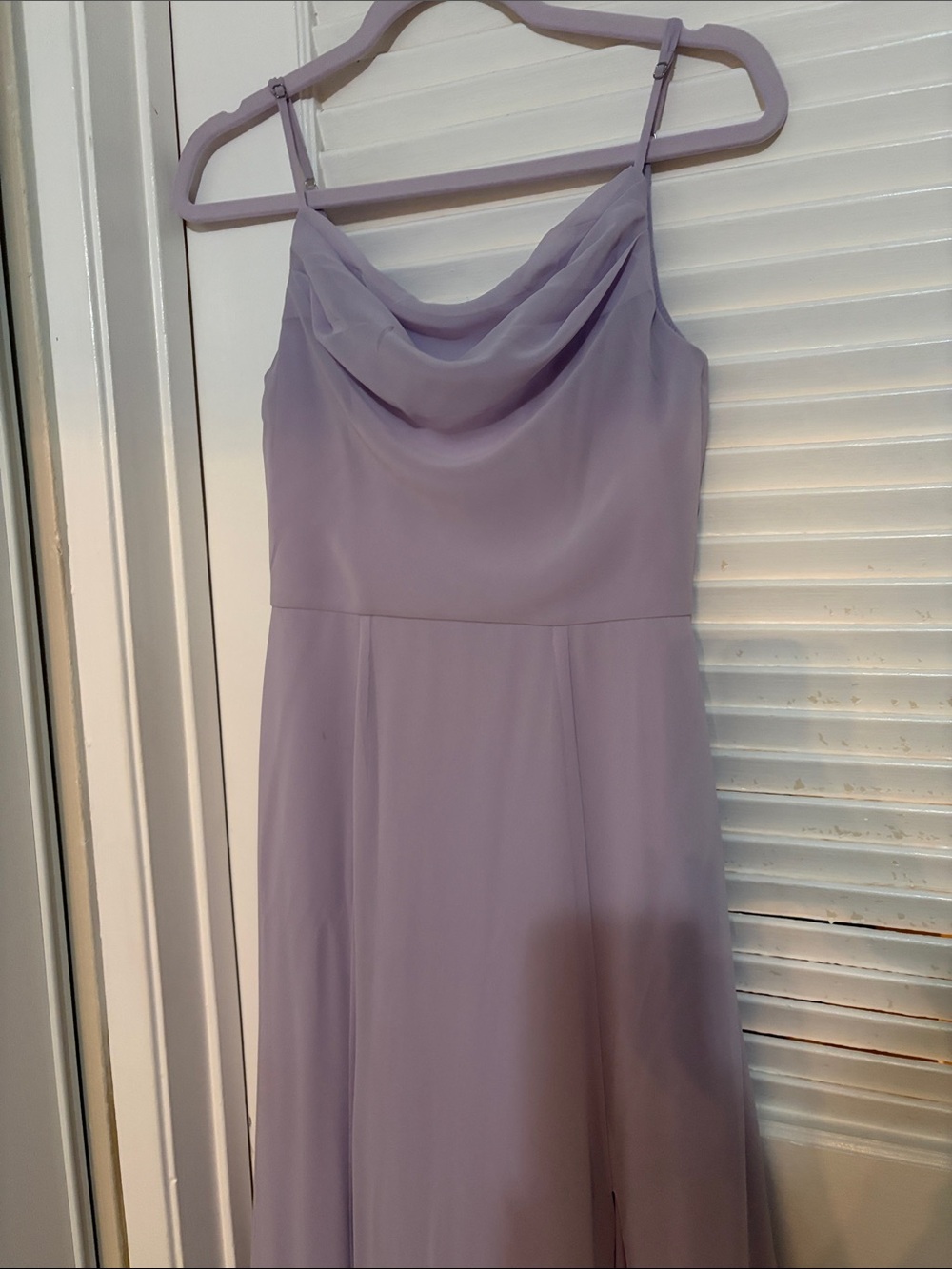 Elegant Lavender Cowl Neck Spaghetti Strap Dress with slit